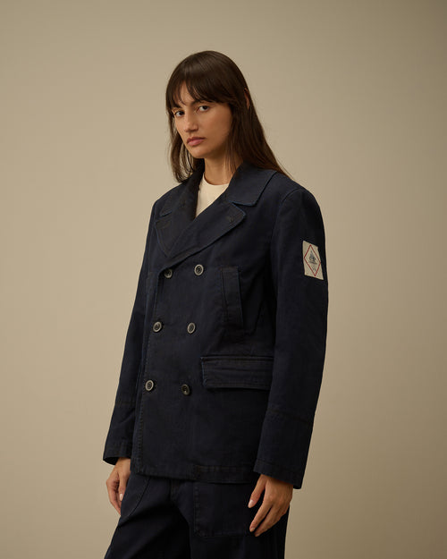 3/4 Plated Denim Pea Coat - Blue